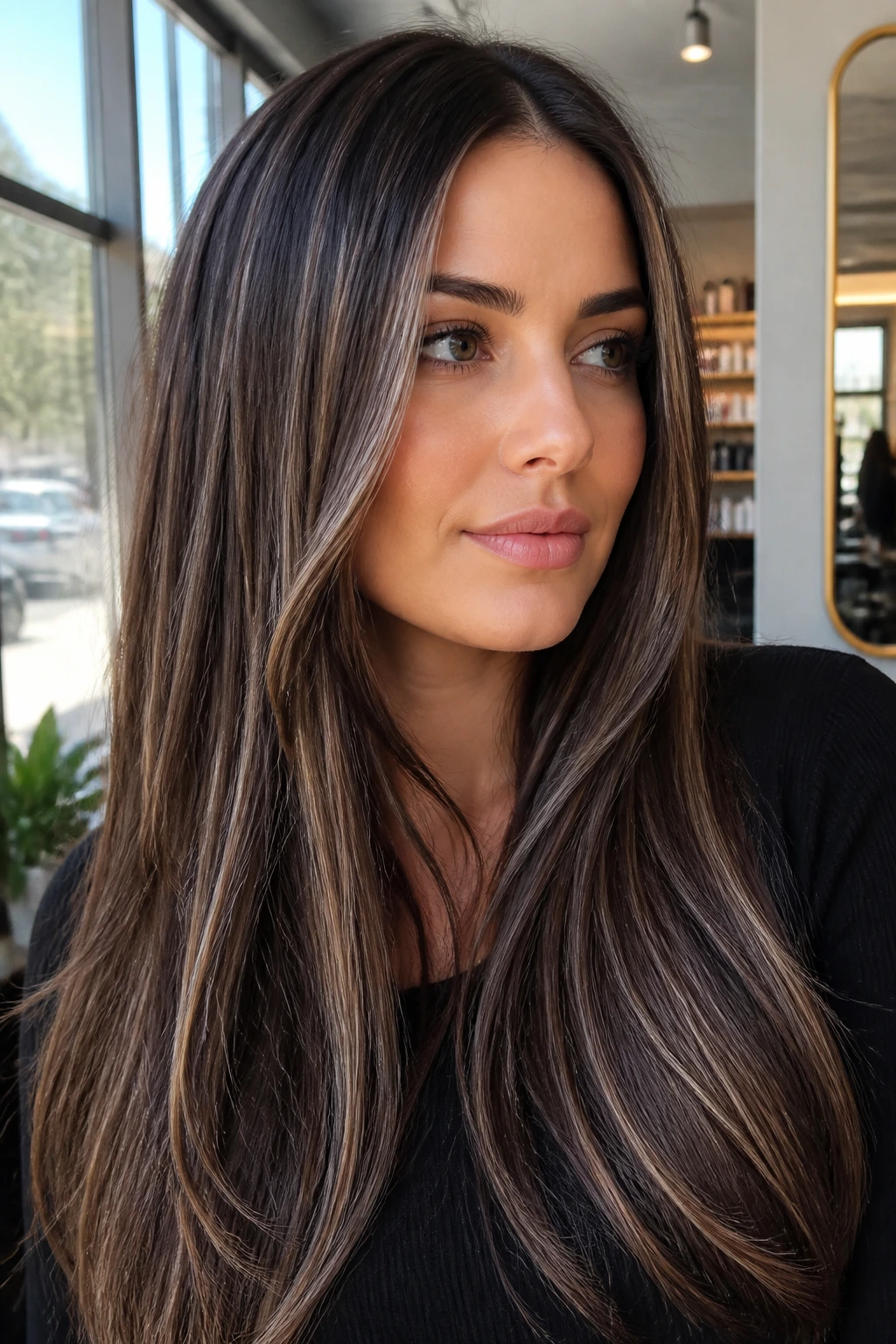 Close-up portrait of a real woman with iced brunette hair and pearl highlights.