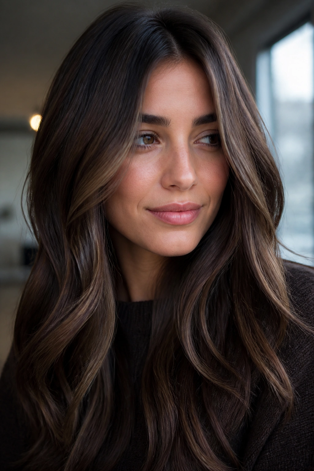 Close-up of a real woman's dark brown hair with iced cocoa brown tones in window light