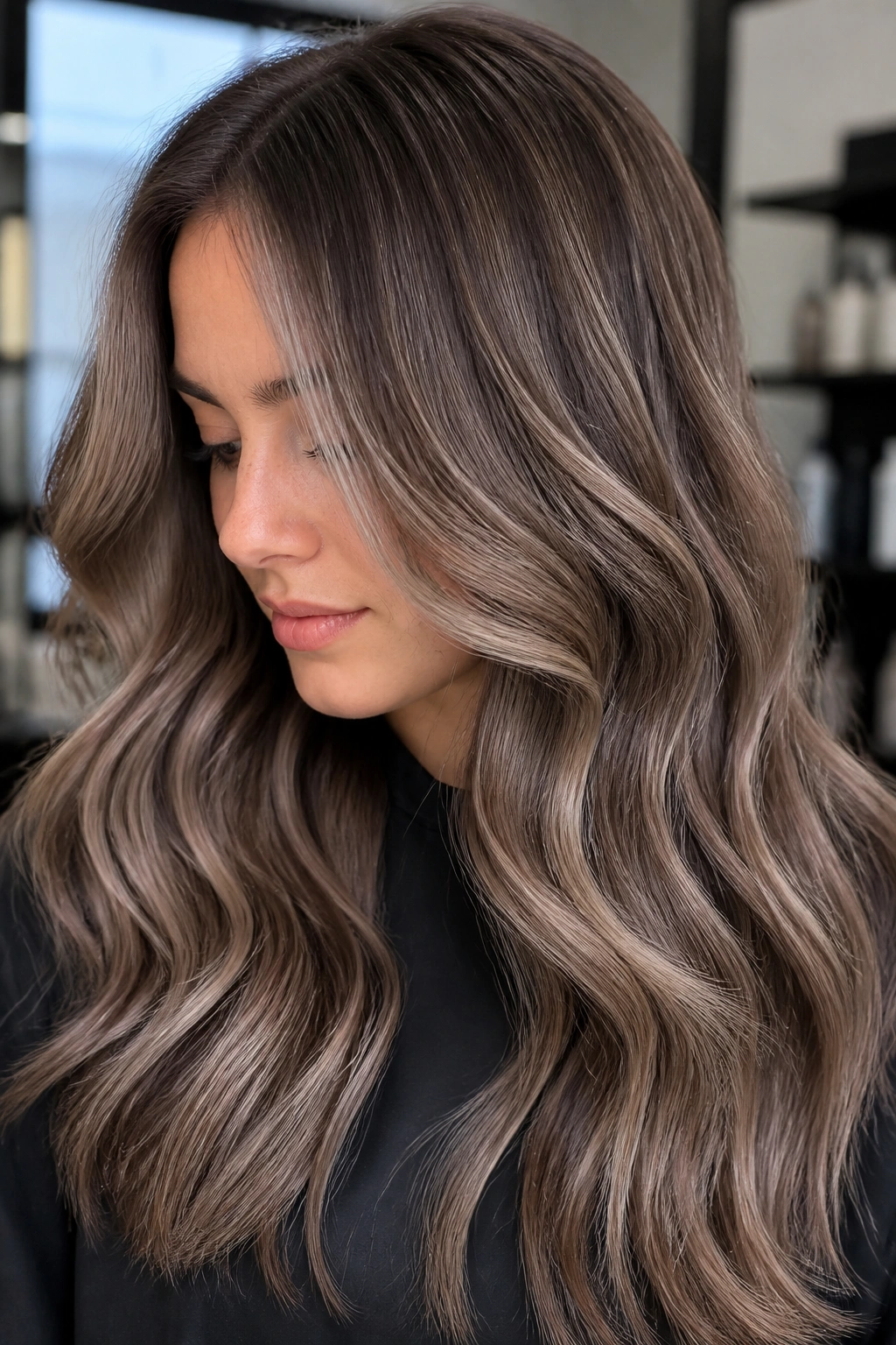 Close-up of brunette hair with beige taupe ribbons for iced mocha effect