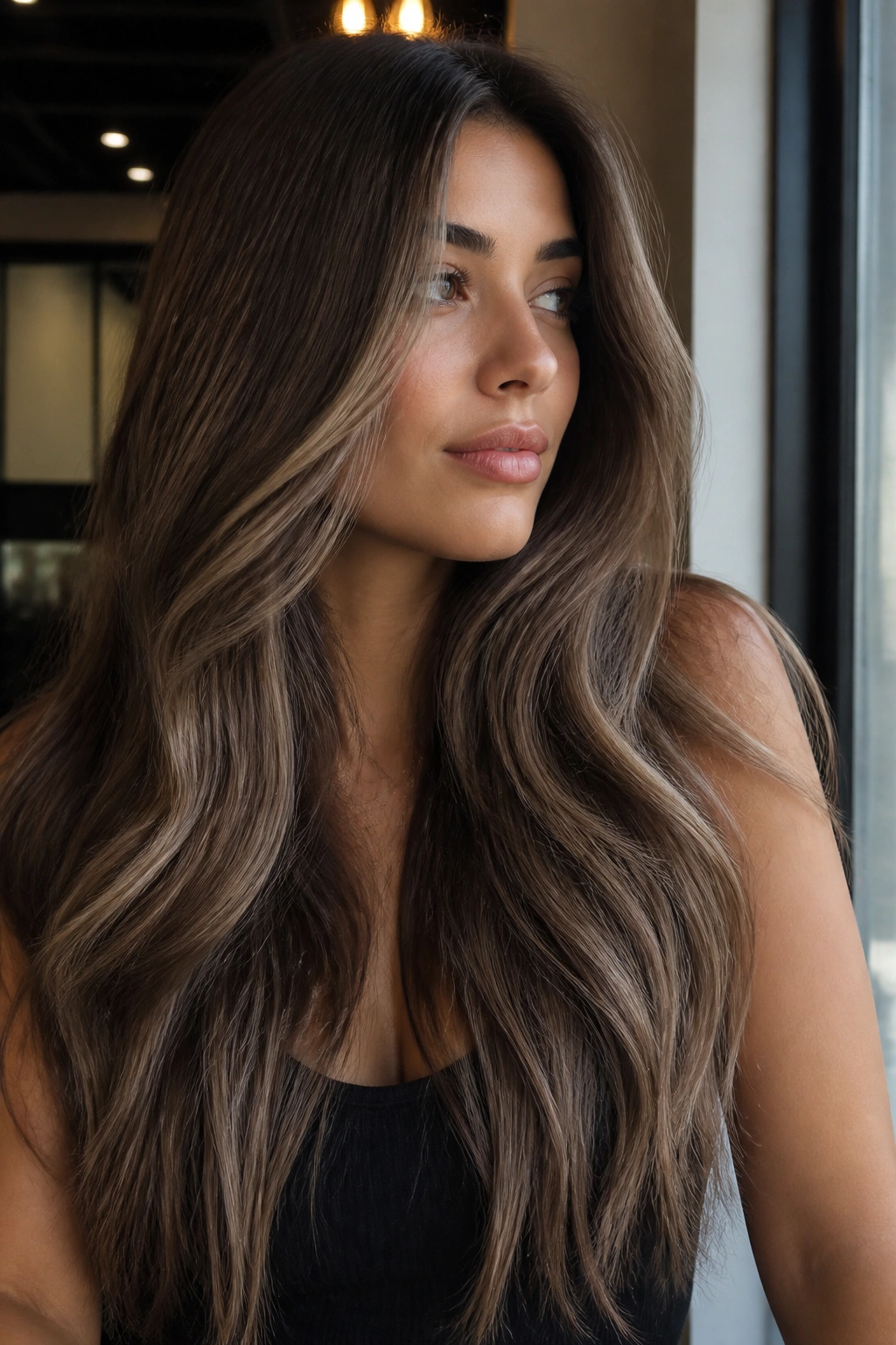 Close-up of a real woman with iced mocha brunette and satin shine in window light