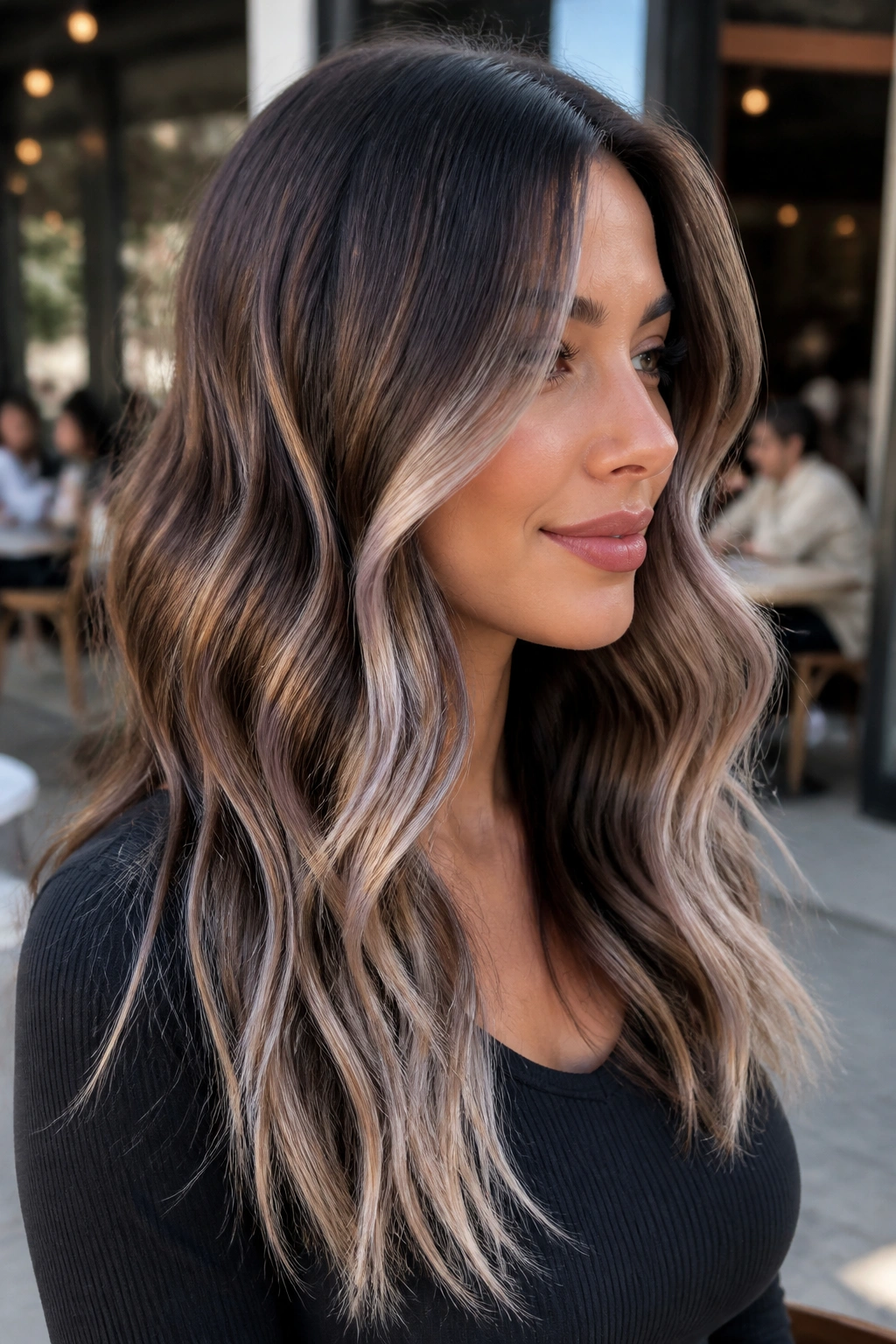 Close-up of a real woman showing an iced mocha melt on cool-toned wavy hair in outdoor daylight