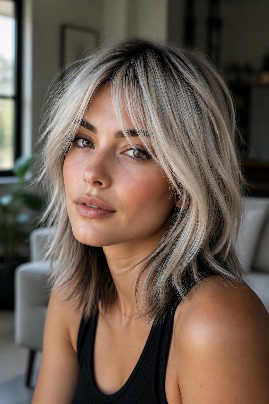 Close-up portrait of a woman with icy ash blonde shag showing front layers and deep lowlights