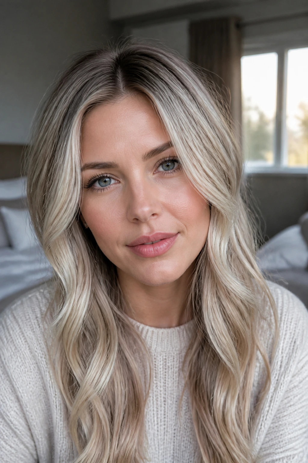 Close-up portrait of a real woman with icy babylights framing her face in soft window light