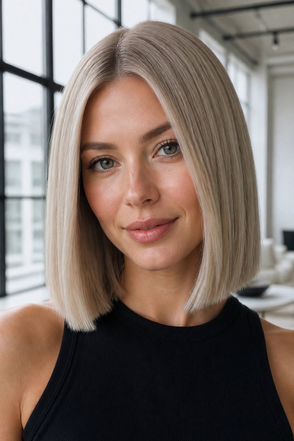 Close-up of a real woman with icy beige blonde and a blunt edge