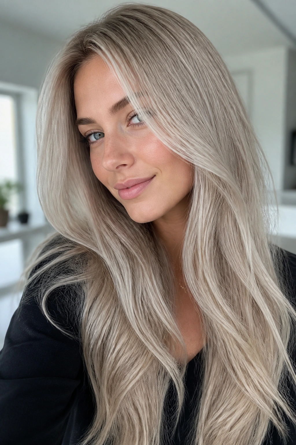 Close-up of a real person with icy beige blonde hair and frosted edges in natural light