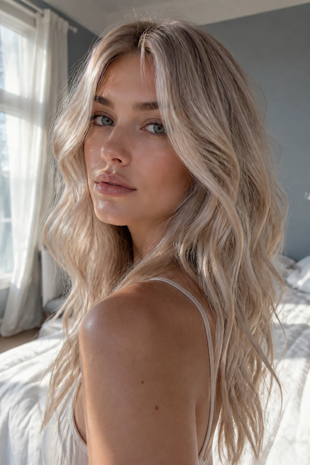 Close-up portrait of a real woman with icy beige blonde waves in natural window light.