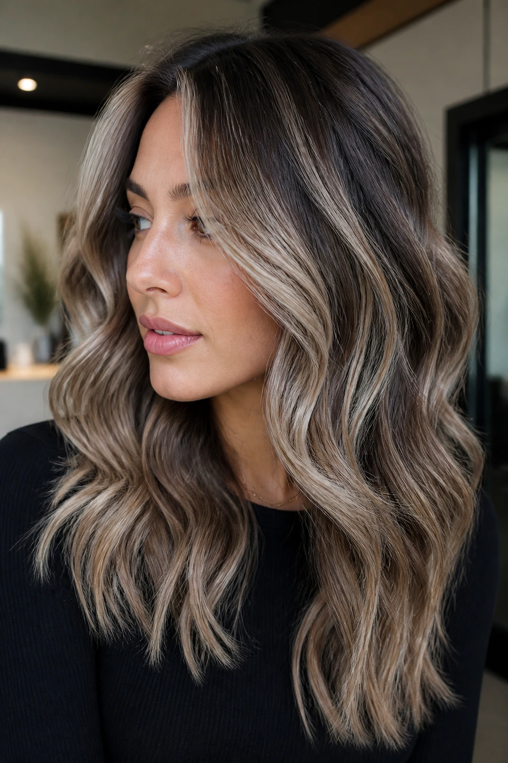 Close-up portrait of a woman with icy beige partial highlights on brunette base