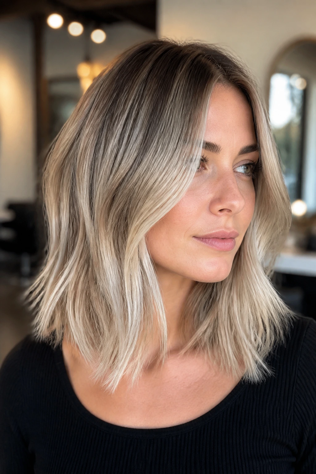Close-up portrait of a real woman with icy beige balayage on a long bob.