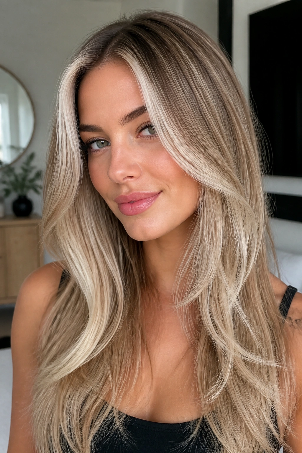 Close-up of a real woman with icy beige money piece framing the face on long layered blonde hair