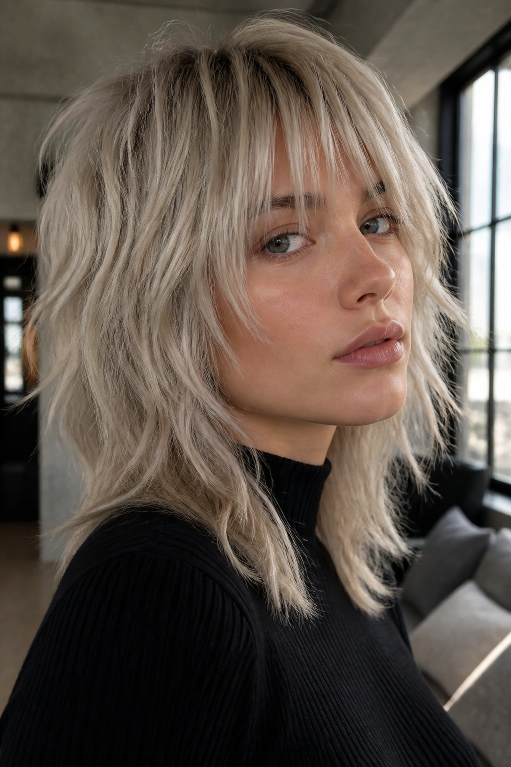 Portrait of a woman with icy beige wolf cut and piecey bangs in a modern lounge