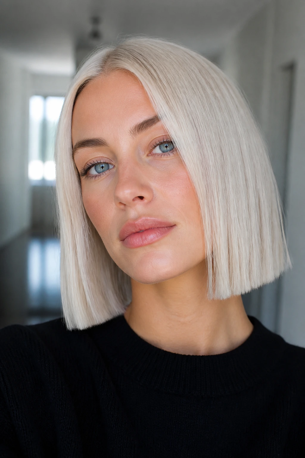 Close-up portrait of a woman with an icy blonde blunt cut in a bright modern hallway