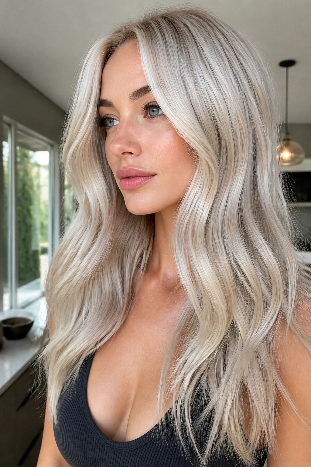 Icy blonde hair with silver and cream lowlights on a real person