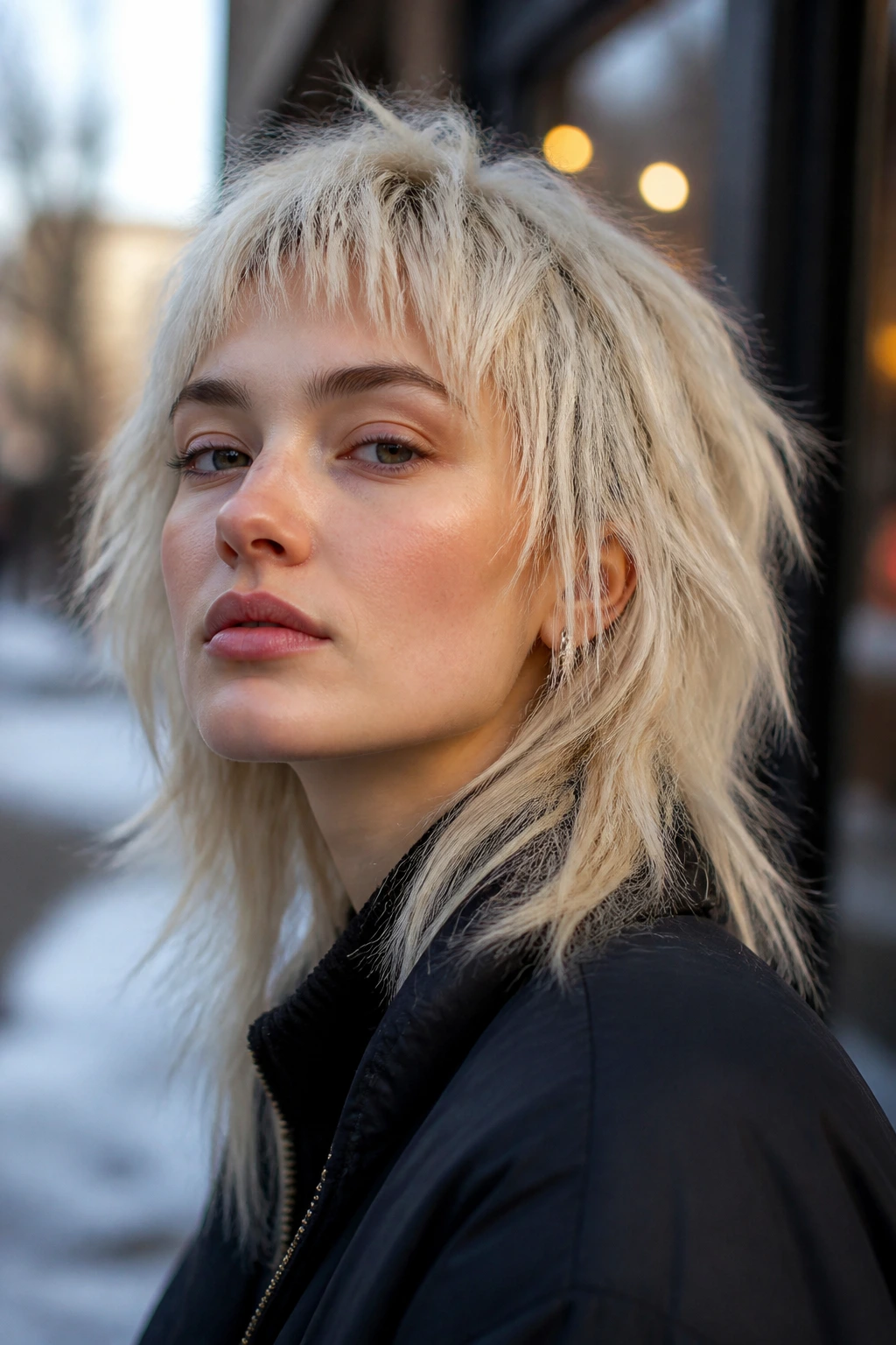 Close-up of real woman with icy blonde wolf cut and micro bangs in urban winter light.