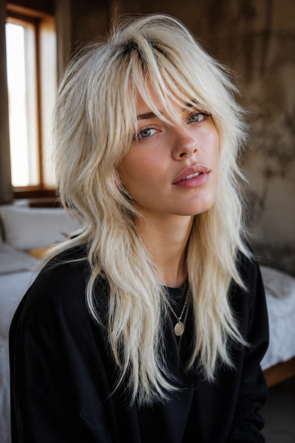 Close-up portrait of a real person with icy blonde wolf cut featuring feathered crown layers