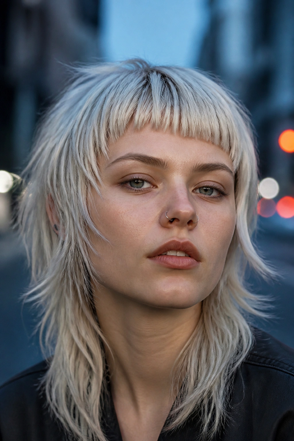 Close-up portrait of a real person with icy blonde micro-bang wolf cut