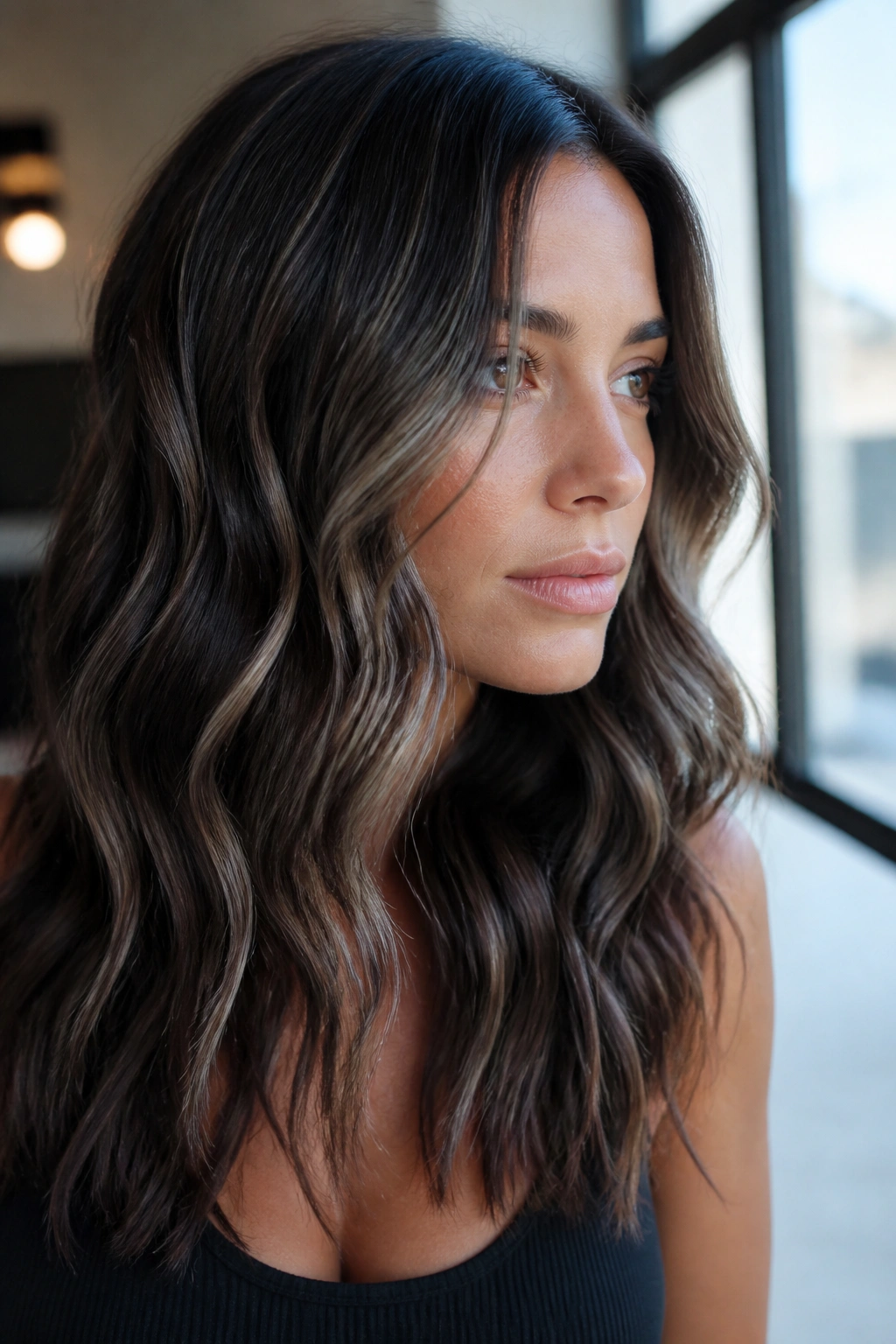 Close-up of a brunette real woman with icy brown ribbons in wavy hair.