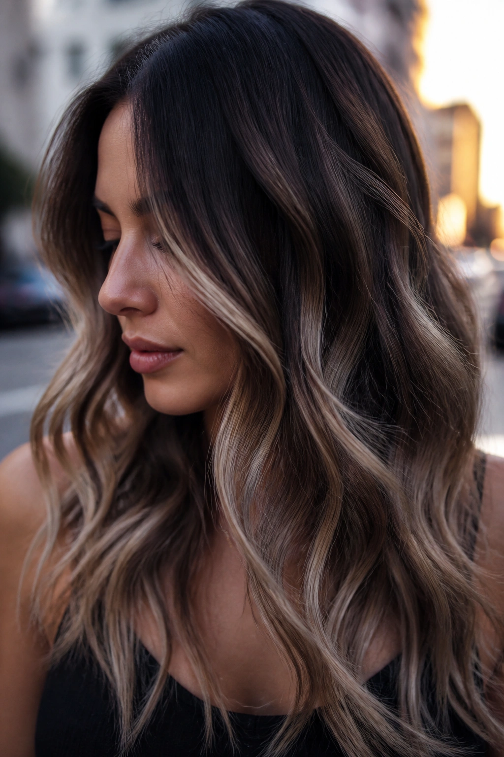 Close-up of dark hair with icy caramel balayage on city street light