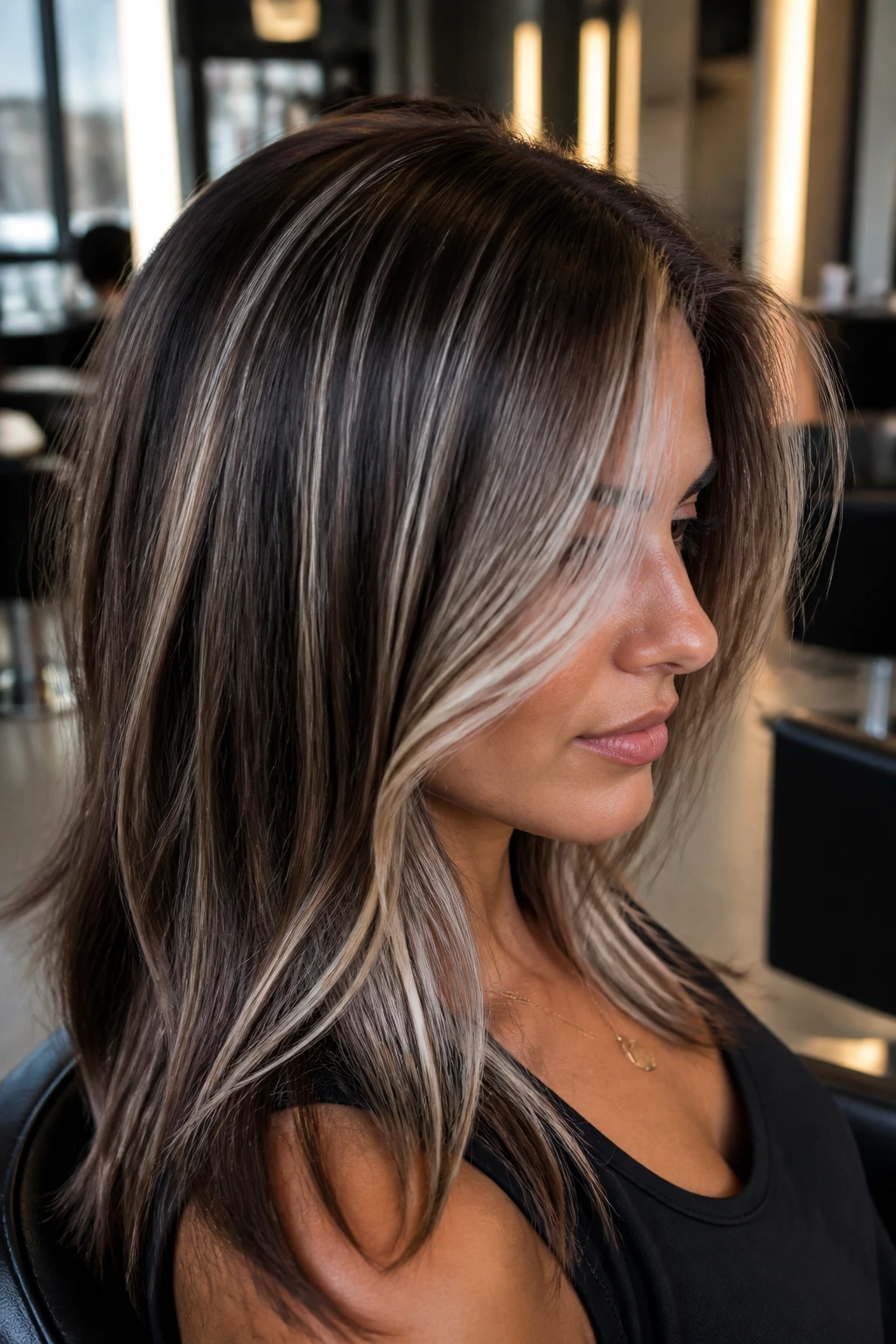 Close-up of a real woman's hair showing icy espresso contrast with icy-ash highlights on dark brown base.