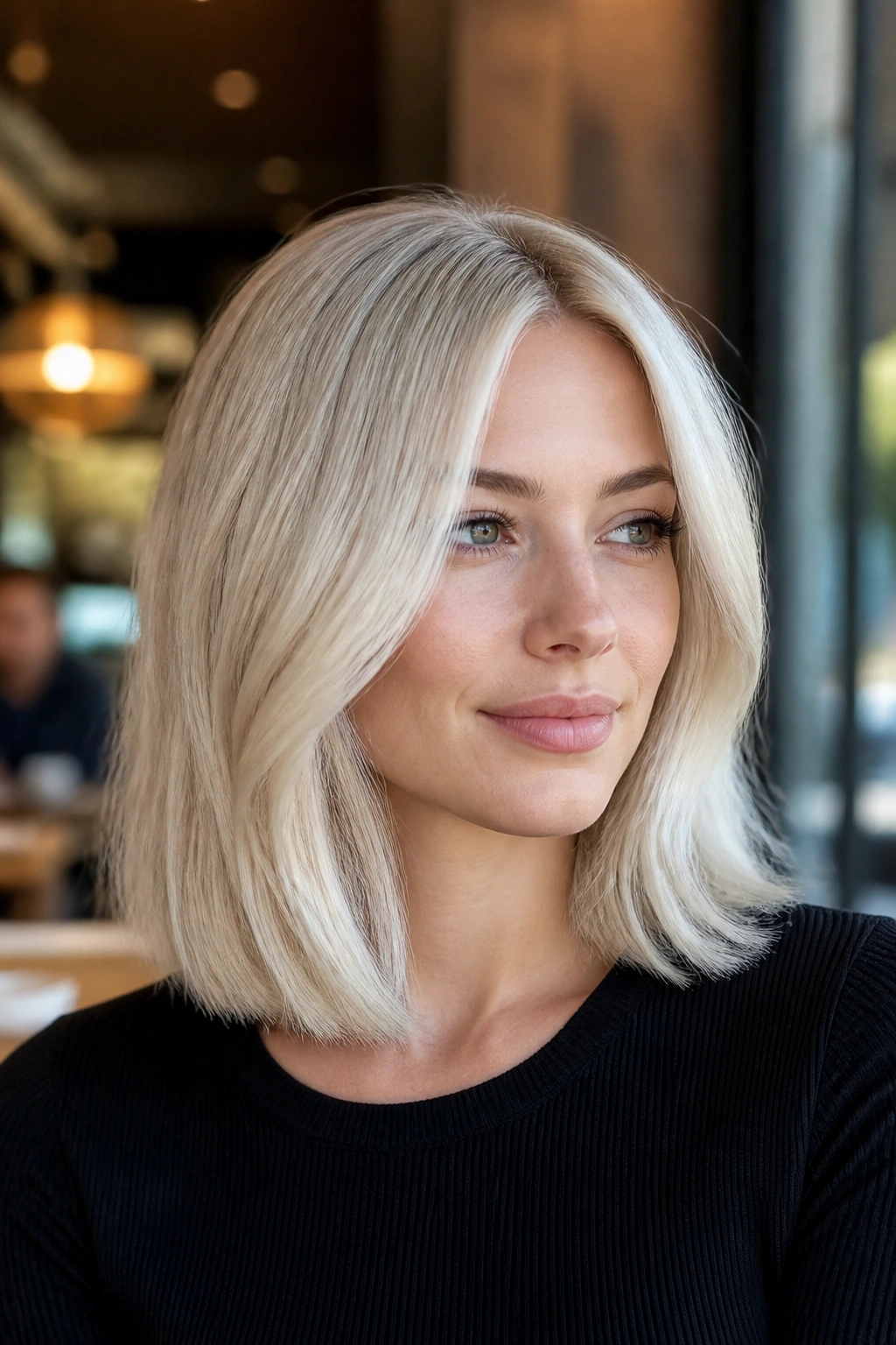 Close-up of a real woman with icy pearl lob hairstyle