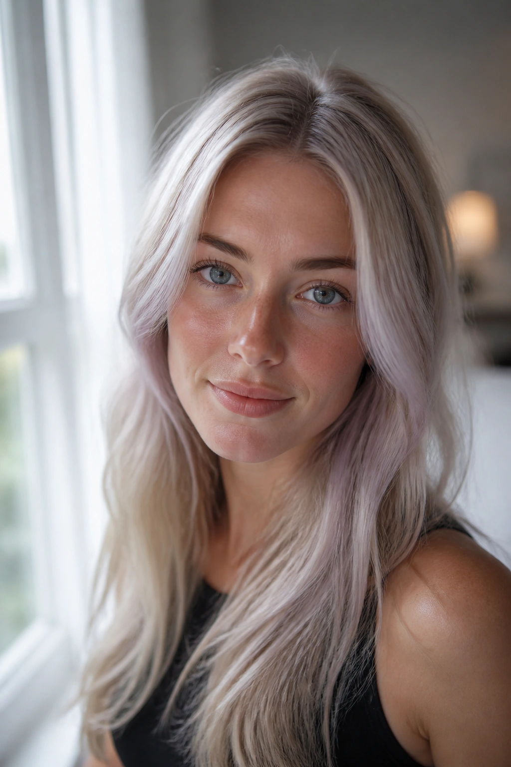 Close-up portrait of a real person with icy pearl blonde hair and soft beige violet tones