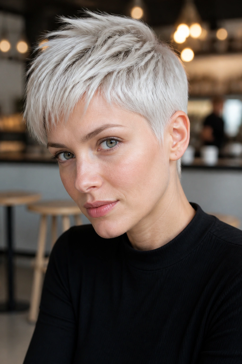 Close-up of a real person with a crisp, icy pixie cut and cool-toned lighting.