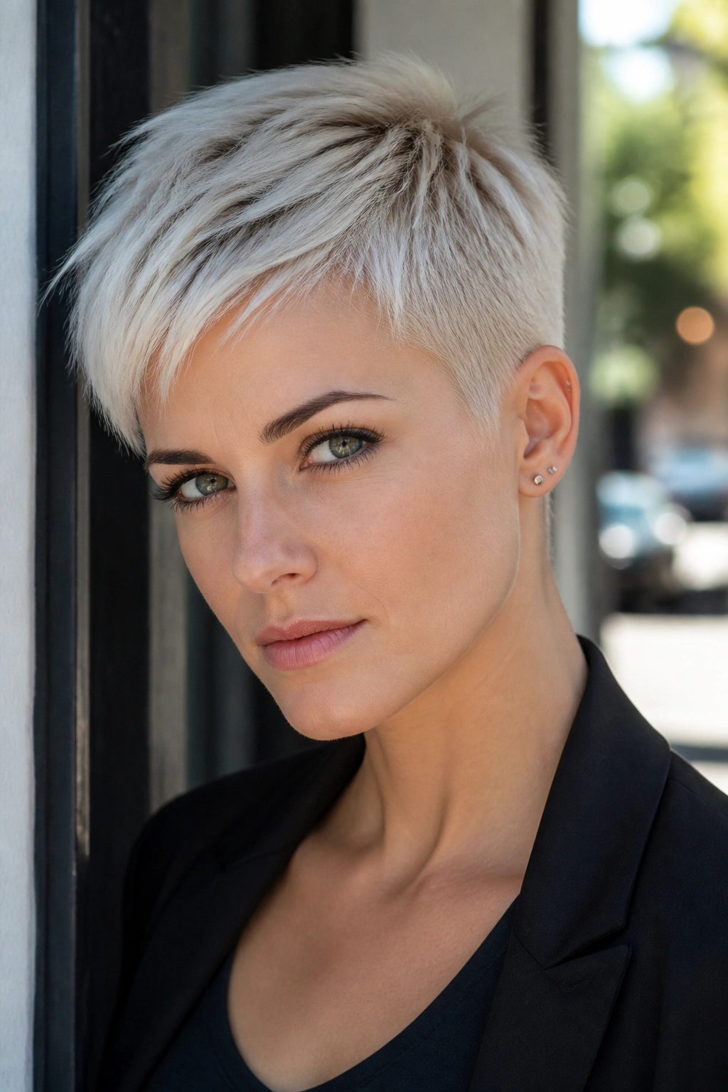 Close-up of a real woman with an icy platinum pixie cut.