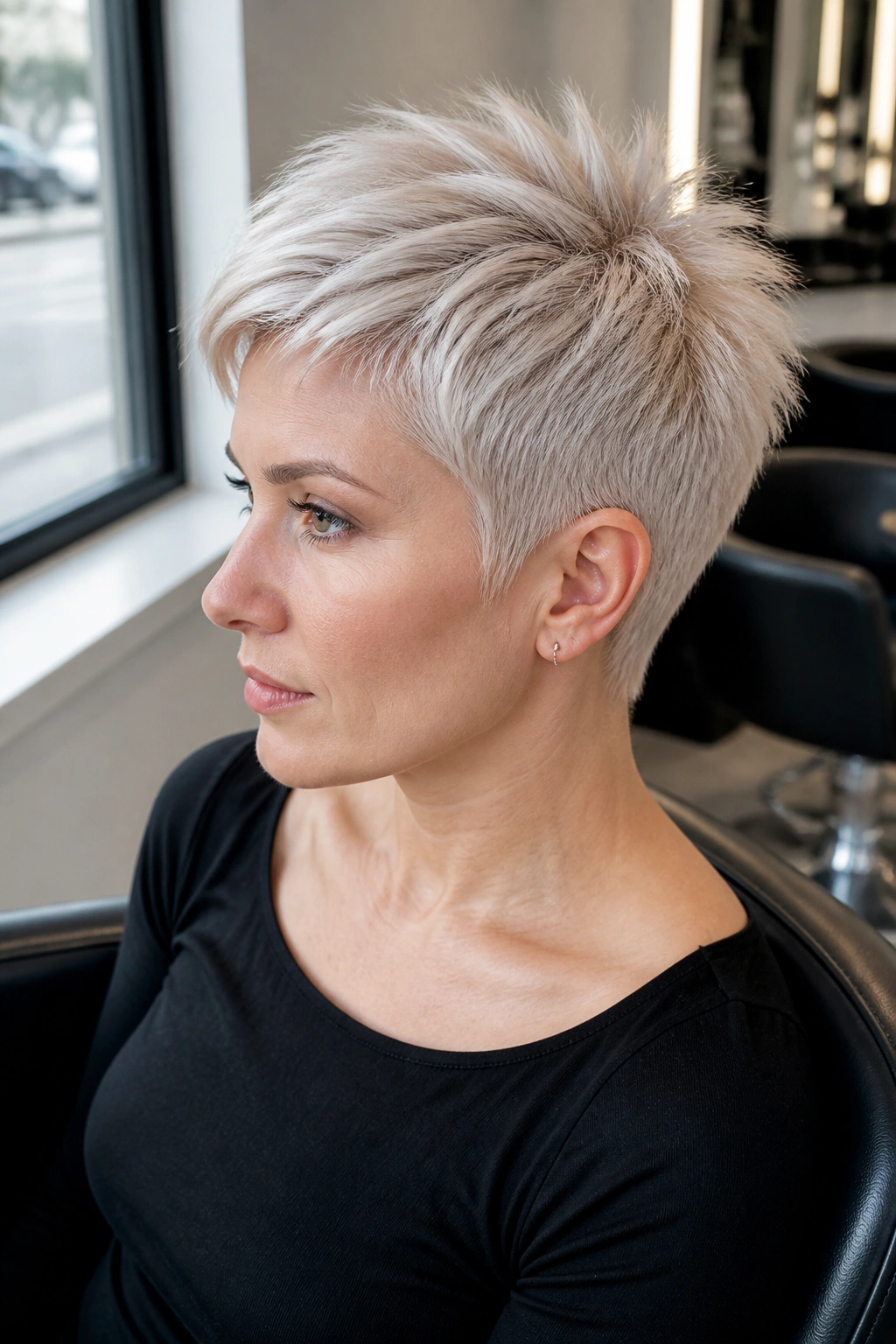 Close-up of a real person with an icy platinum pixie and tapered sides.