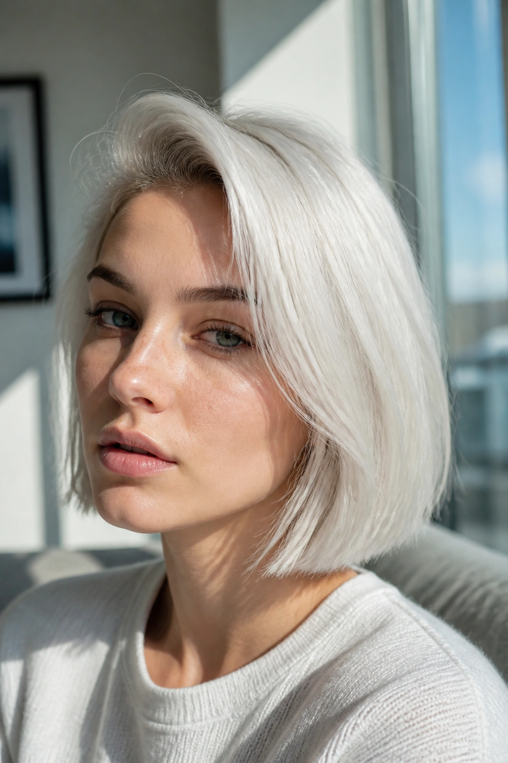 Close-up portrait of a real woman with icy platinum blonde hair in cool daylight.