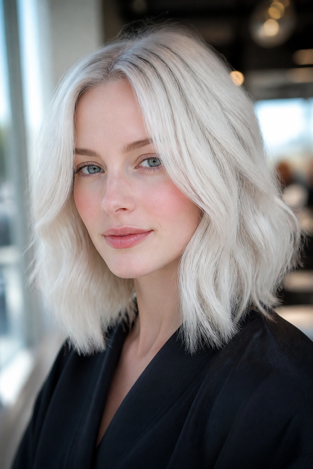 Close-up portrait of a real woman with icy platinum blonde hair on fair skin, cool undertones, natural window light.