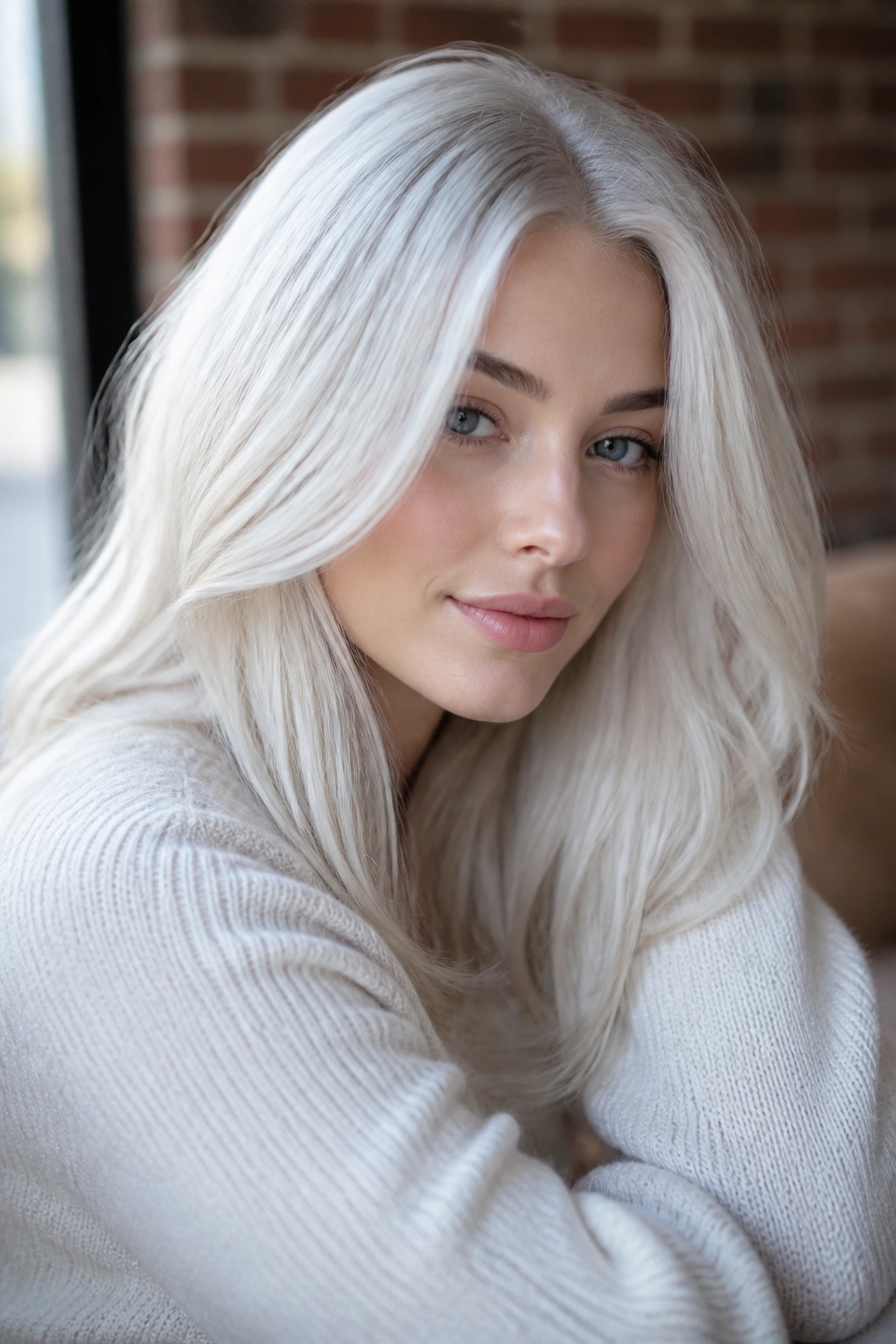 Close-up portrait of a real person with icy platinum hair in soft winter light