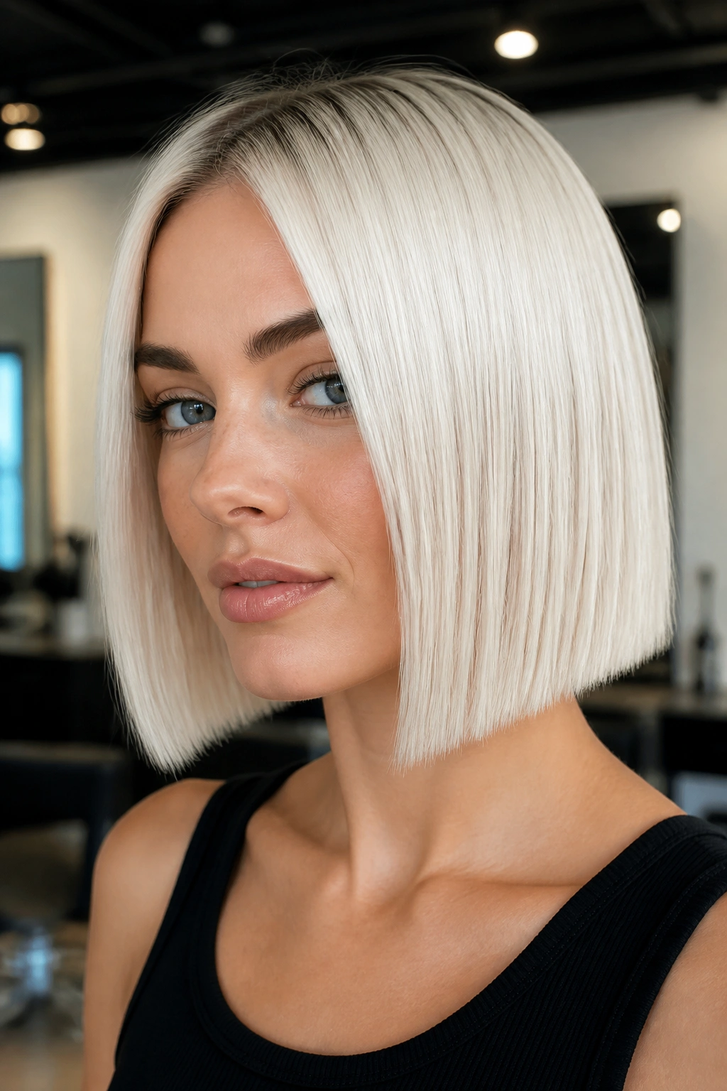 Close-up of a real woman with an icy platinum bob hairstyle under bright salon lighting.