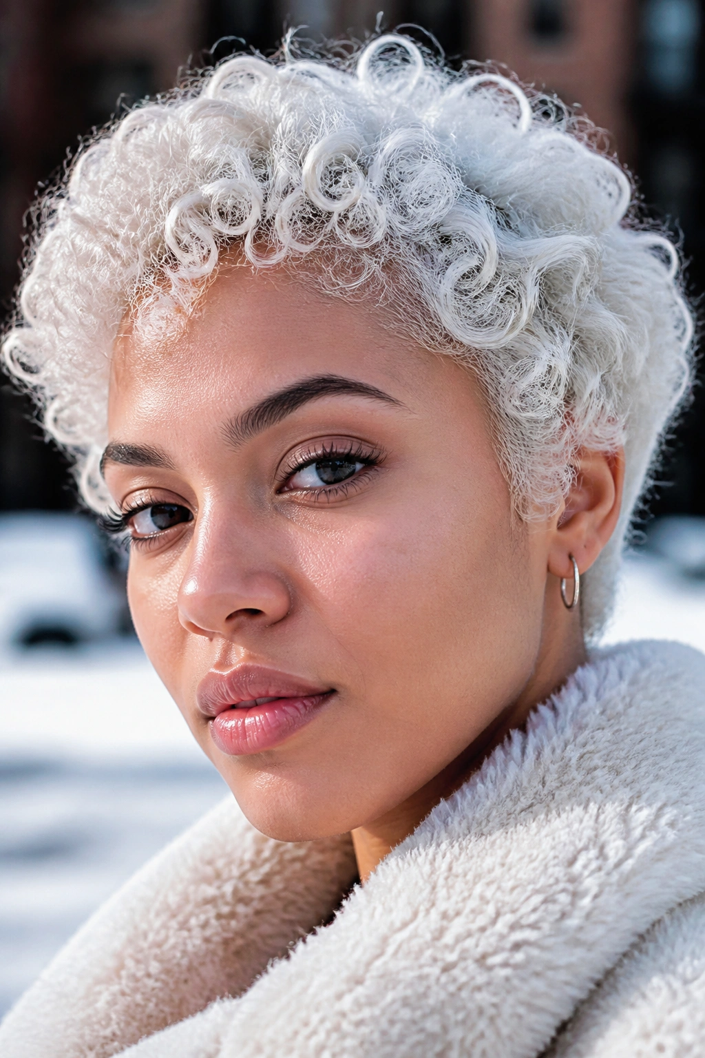 Close-up of icy platinum curls on a real person in winter daylight