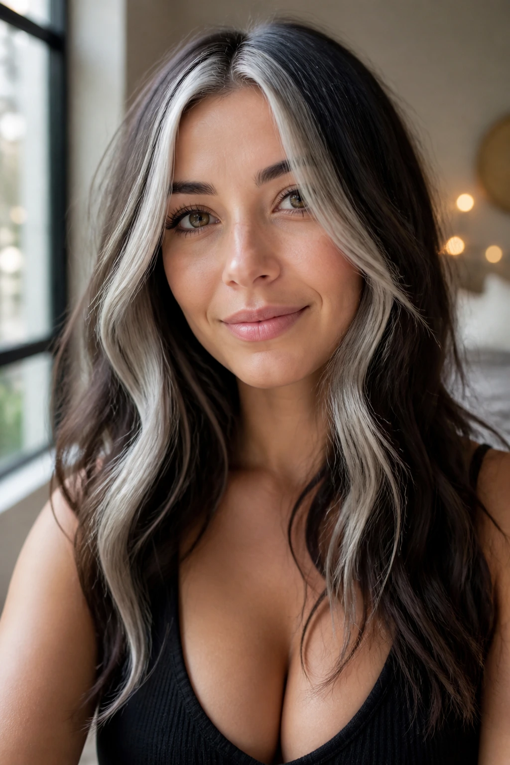 Portrait of a real woman with icy platinum face-framing pieces in her hair
