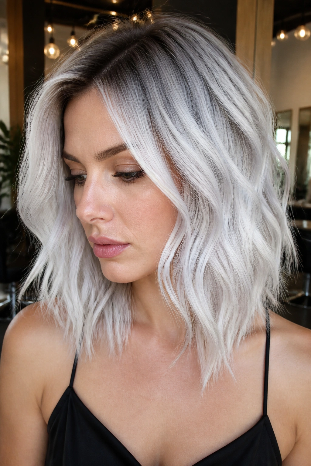 Close-up of a real woman with icy platinum hair and a shadow root.