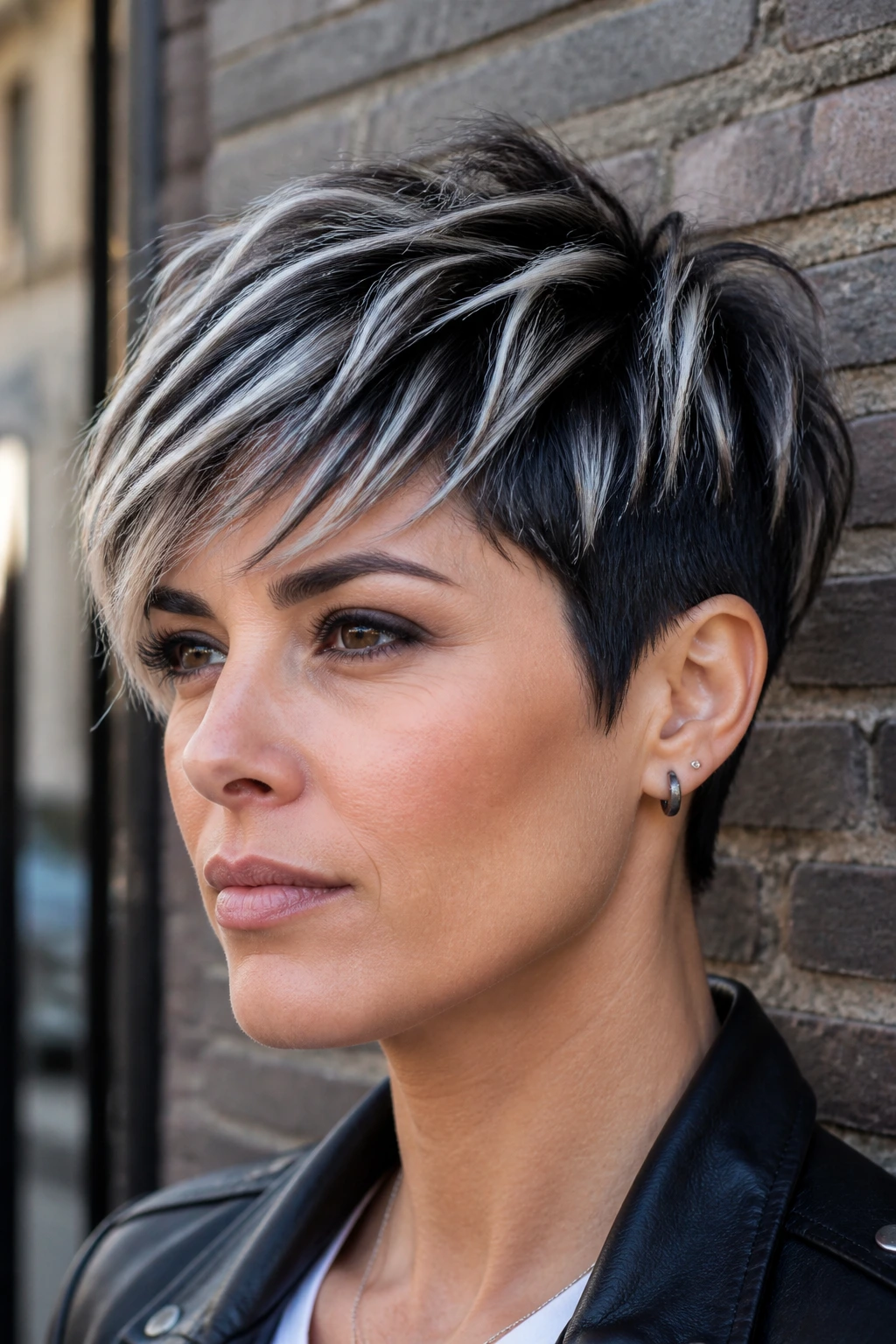 Portrait of icy ribbon balayage on a dark pixie