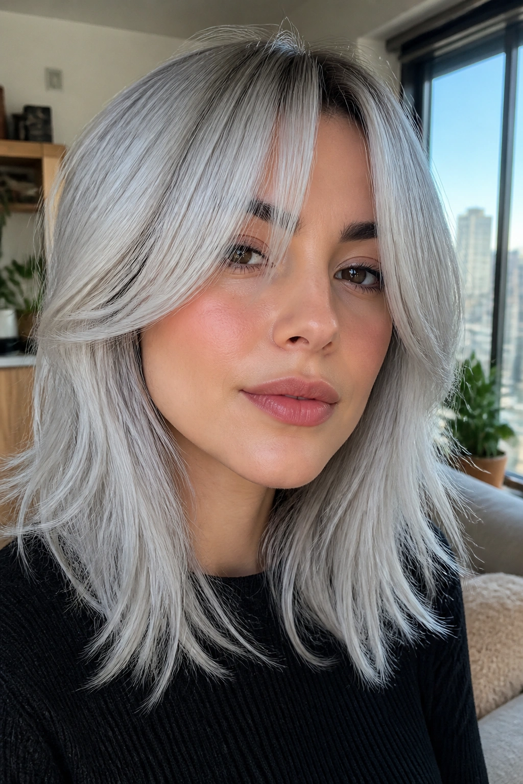 Close-up of a real woman with icy silver hair and curtain bangs in a sunlit living room.