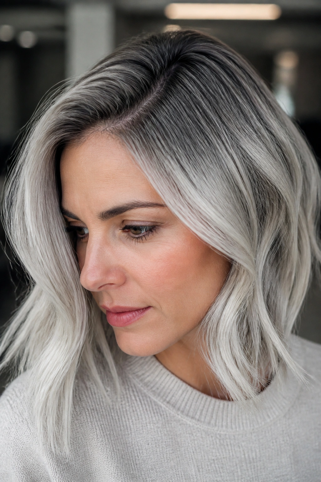 Real woman with icy silver hair and graphite root