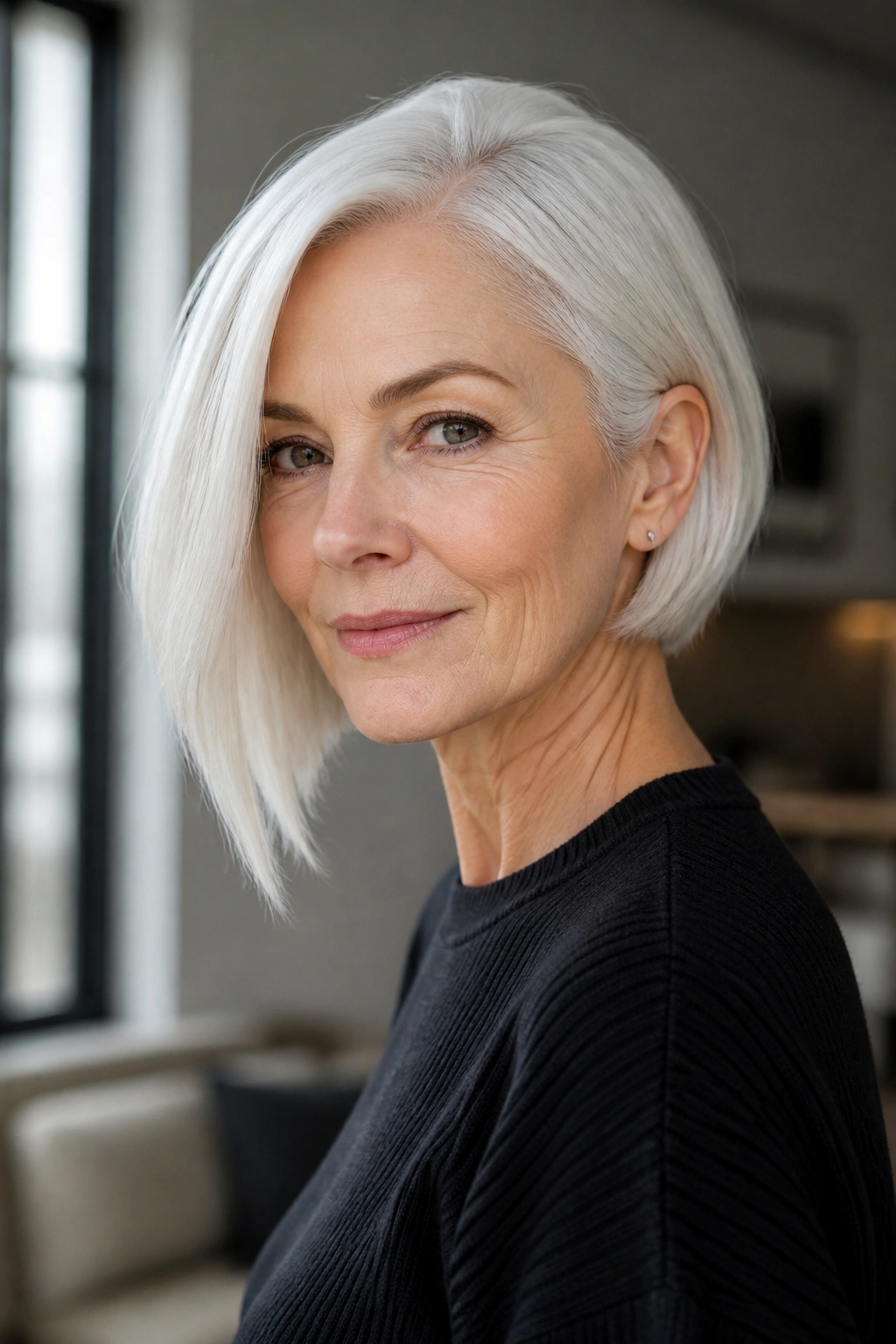 Portrait of a real woman with an icy white asymmetrical bob