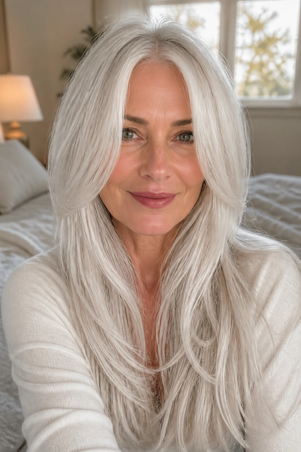 Real woman with long icy white hair and chin-length face-framing layers.