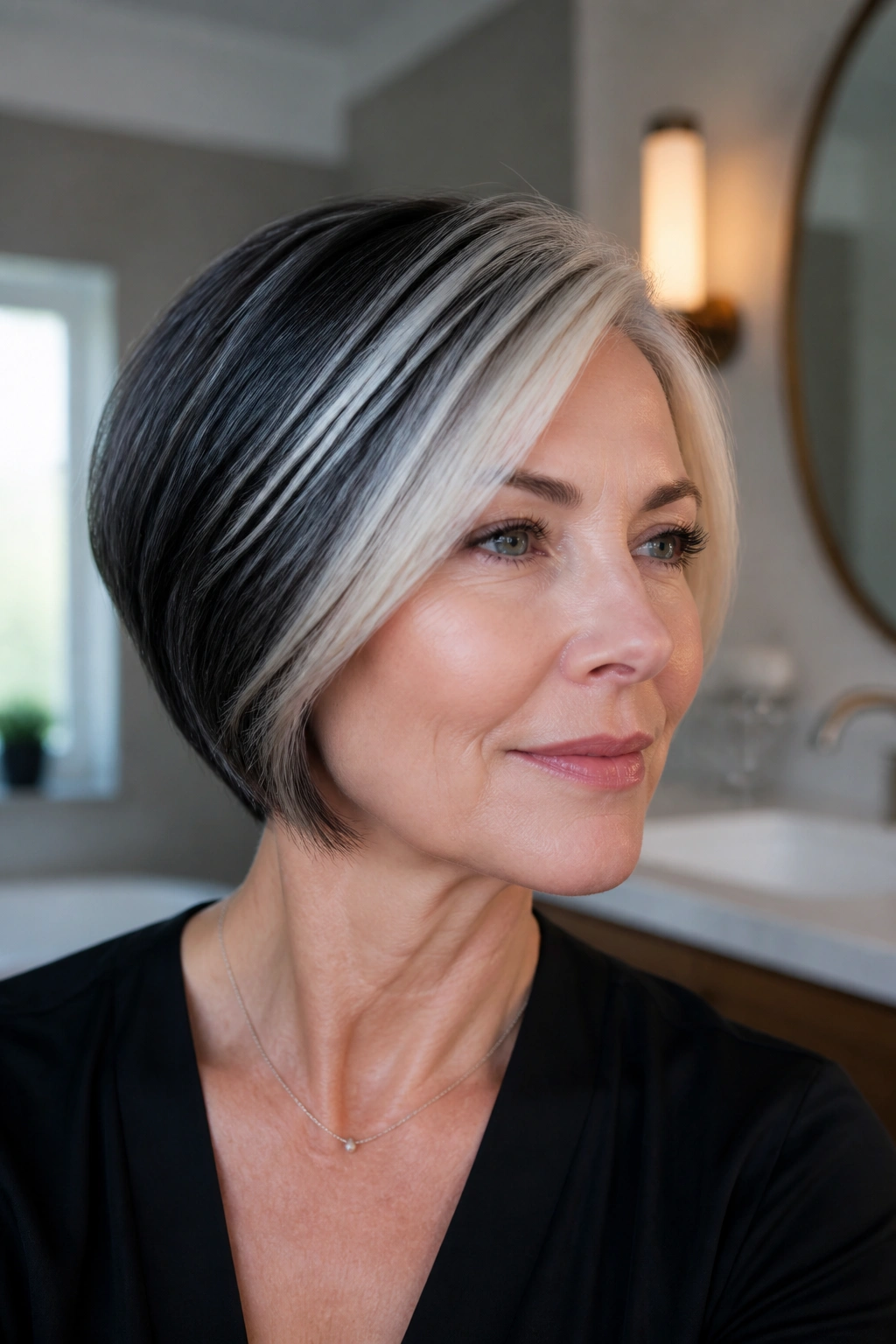 Close-up of a real woman with icy white streaks in a short bob.