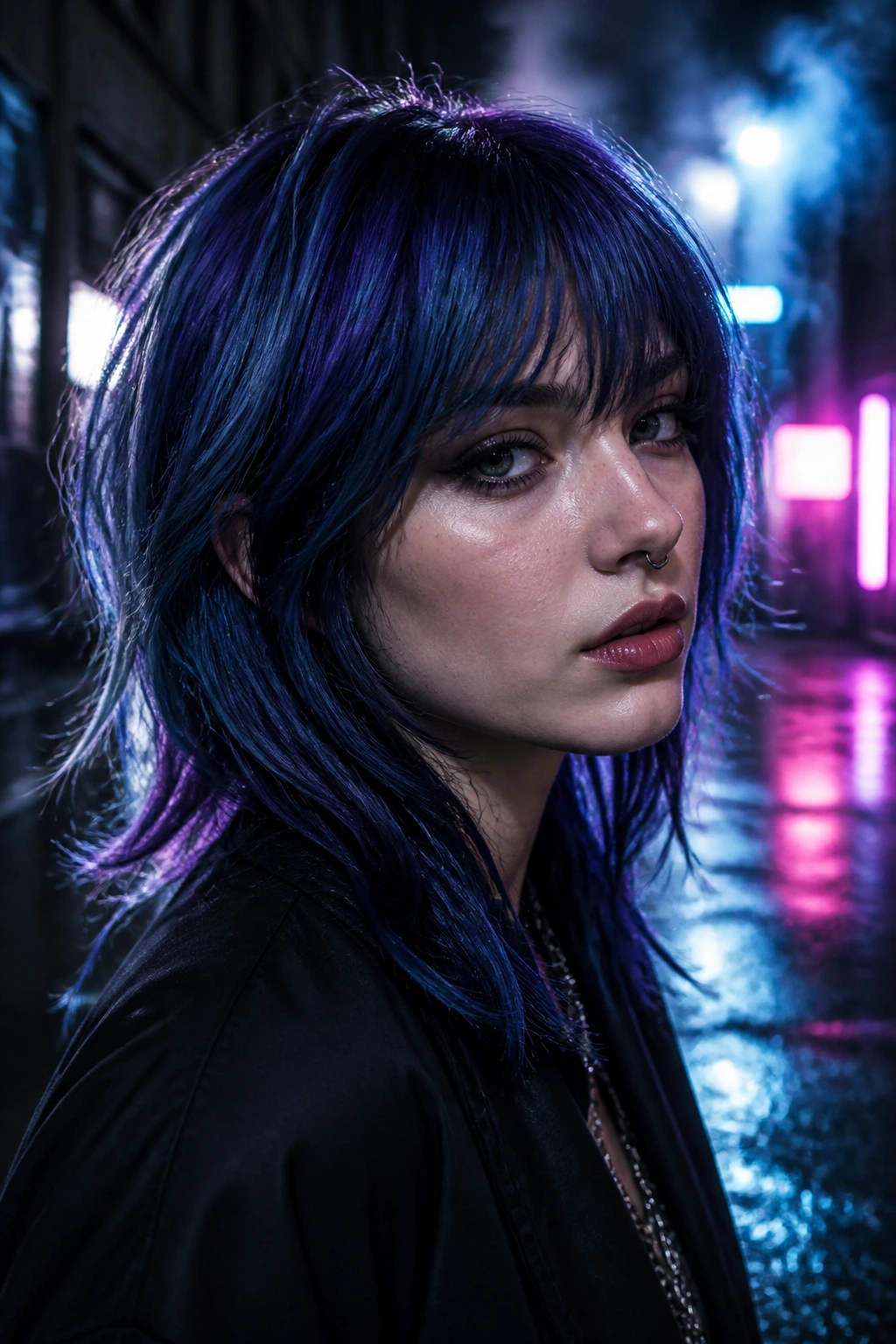 Close-up of a real person with indigo hair in a moody urban alley setting.