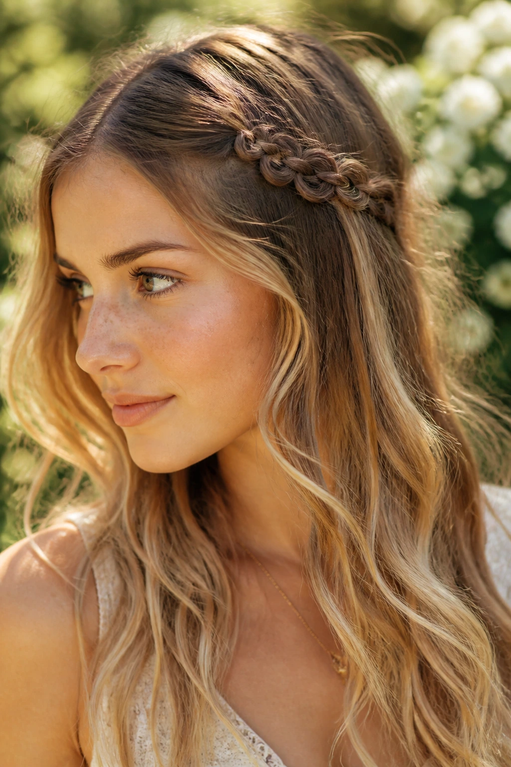 Close-up of a woman with an infinity braid accent at the temple in a sunlit garden