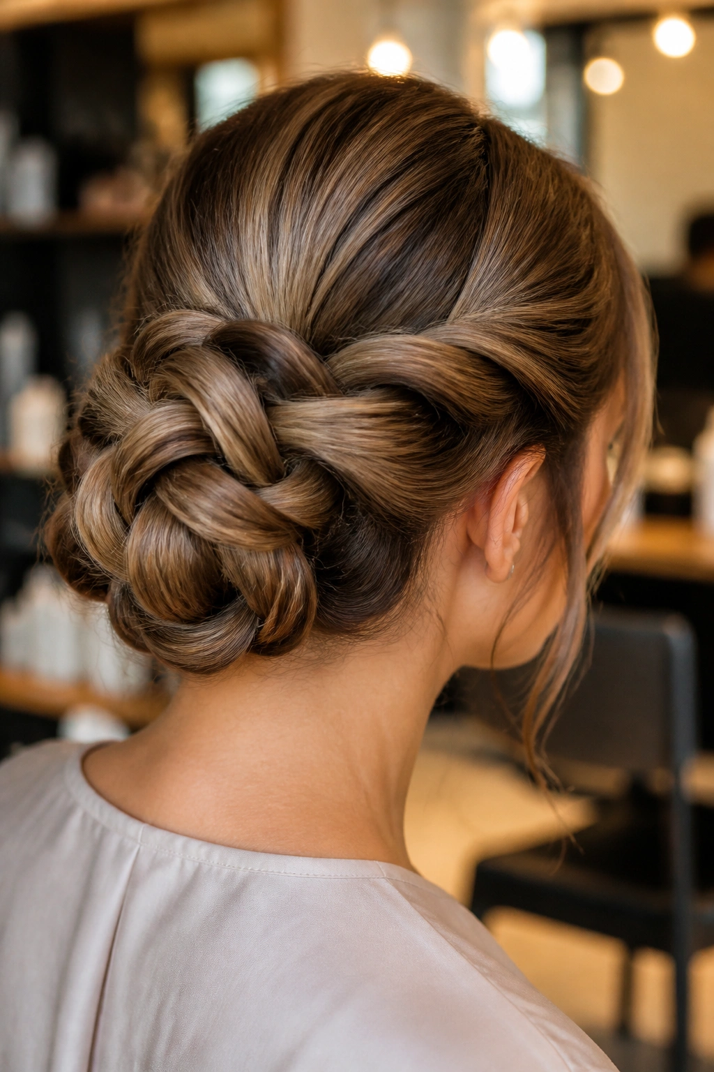 Back view close-up of a real woman wearing an Infinity Braid Bun, showing looped braid detail into a bun.