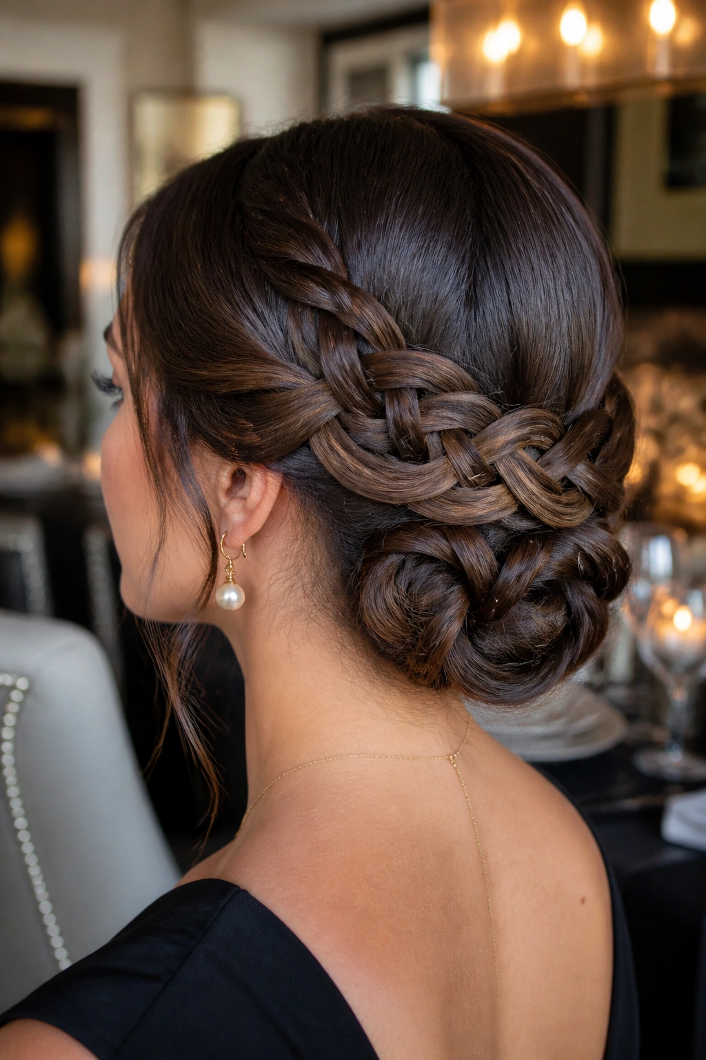 Close-up of a real woman with an infinity braid bun in a warm-lit dining room