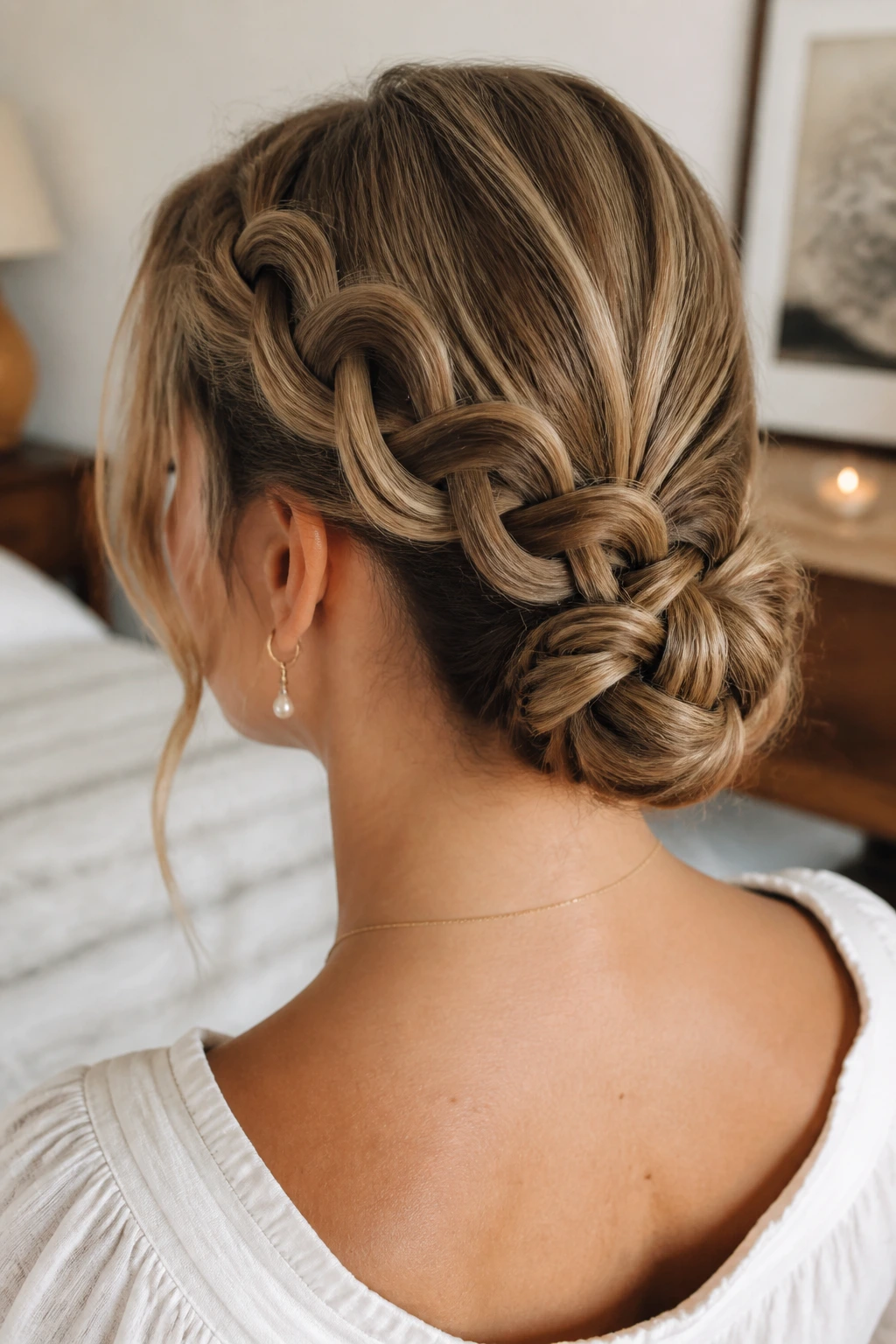 Close-up of a real woman with an infinity braid updo and a low bun.