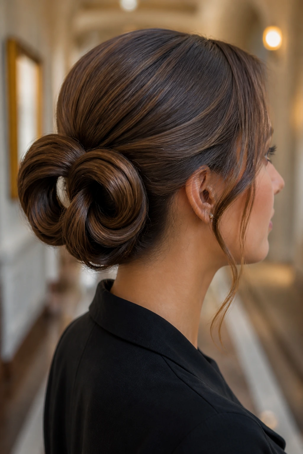 Side profile of a woman with an infinity bun