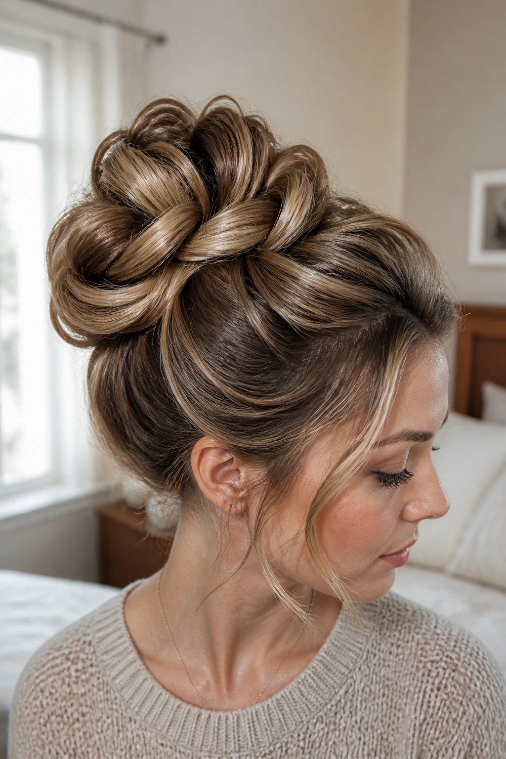 Close-up of a real woman's Infinity Twist Bun hairstyle in natural window light.