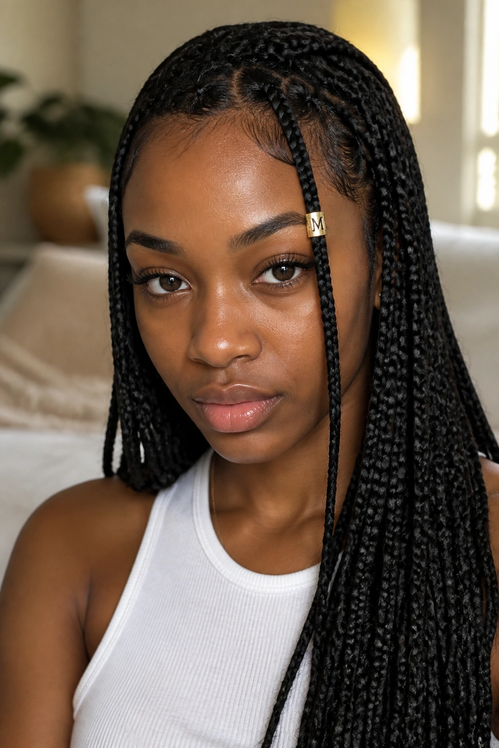 Close-up of a braid with a personalized initial cuff on a real person.