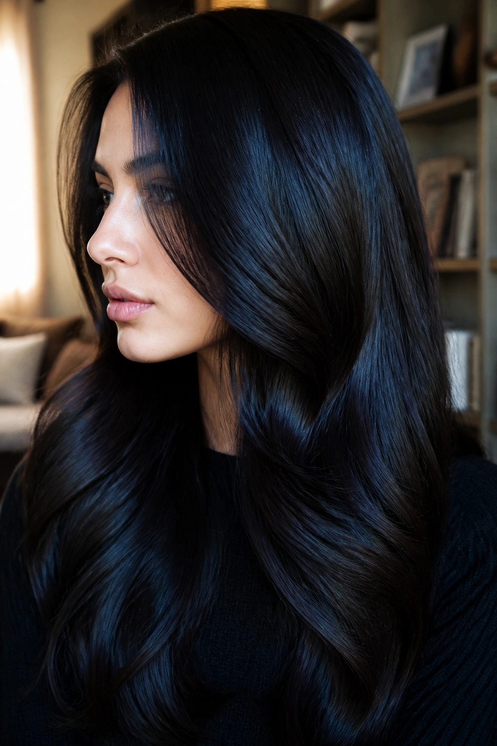 Close-up portrait of a woman with ink-black hair showing a soft reflective sheen under window light