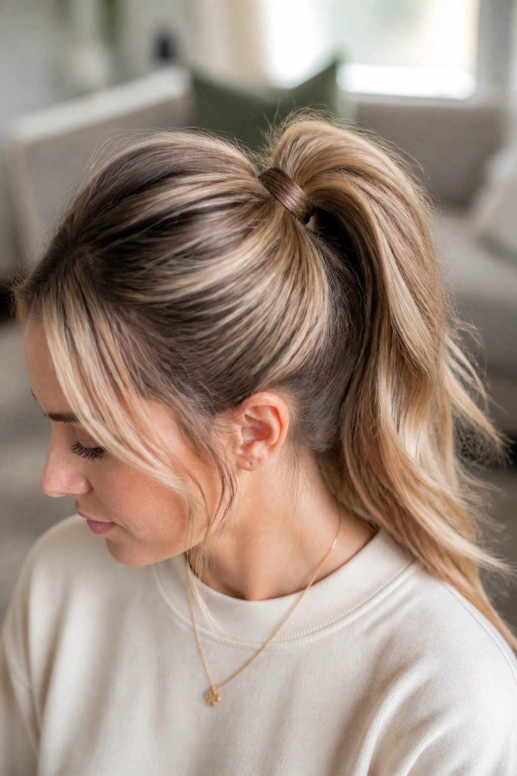 Close-up of a real woman with inside-out ponytail showing crown lift.